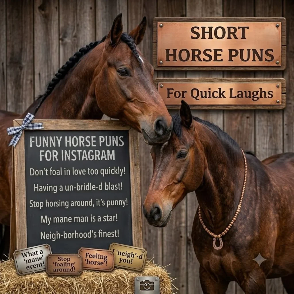 Funny smiling horse on a farm with text reading "Why the long face? I'm just horse'n around!"