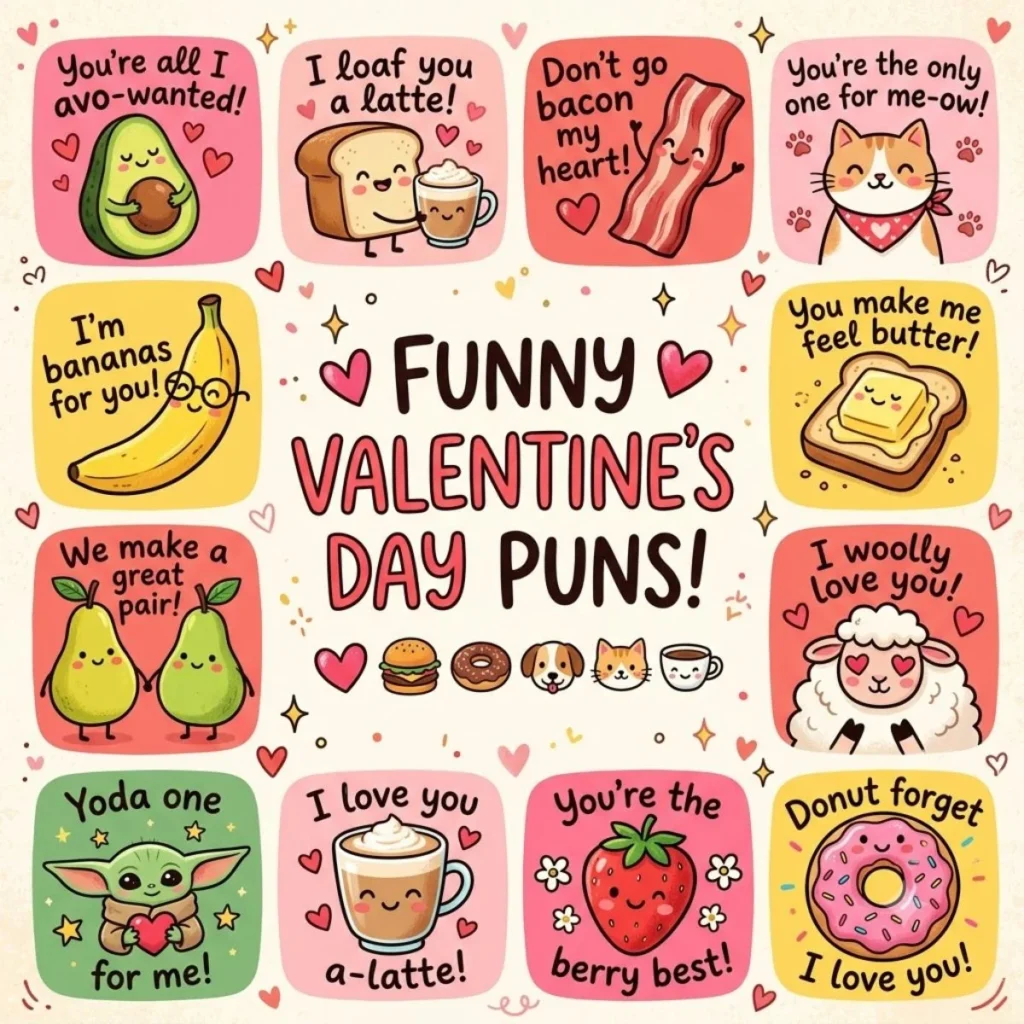 Cute Instagram grid template with funny Valentines Day puns and food illustrations.