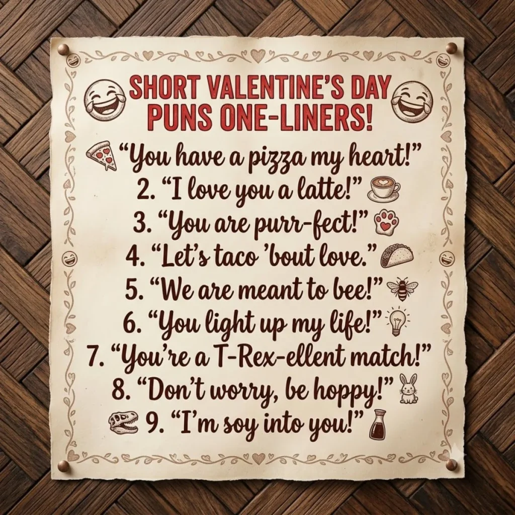 Parchment scroll on wood listing nine illustrated Valentines Day puns like you have a pizza my heart.