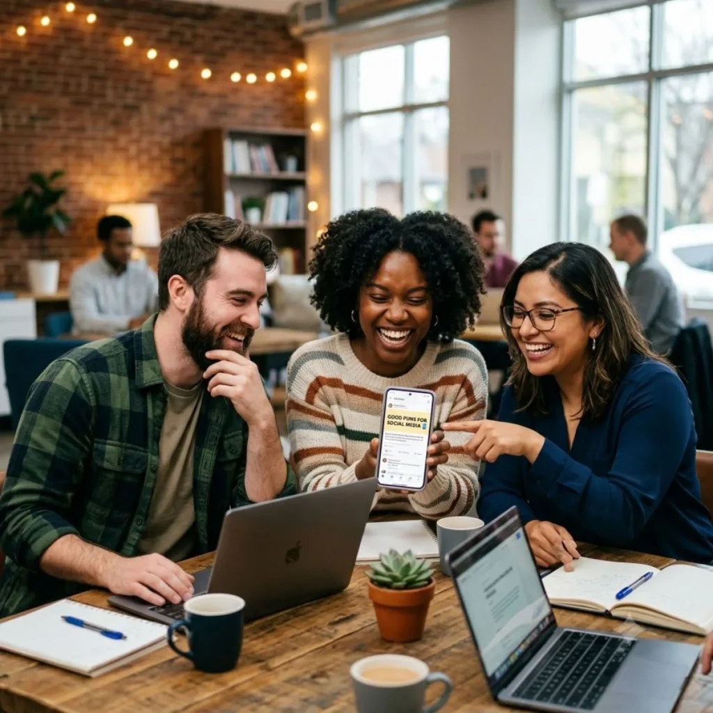 Coworkers laughing around a laptop while looking at good puns for social media on a smartphone.