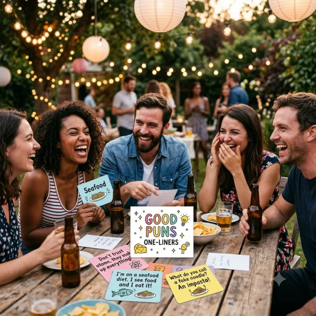 Friends laughing at a backyard table with colorful cards featuring funny good puns one-liners.