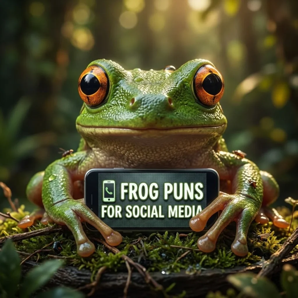 Close-up of a green tree frog holding a smartphone displaying the text Frog Puns for Social Media on the screen.