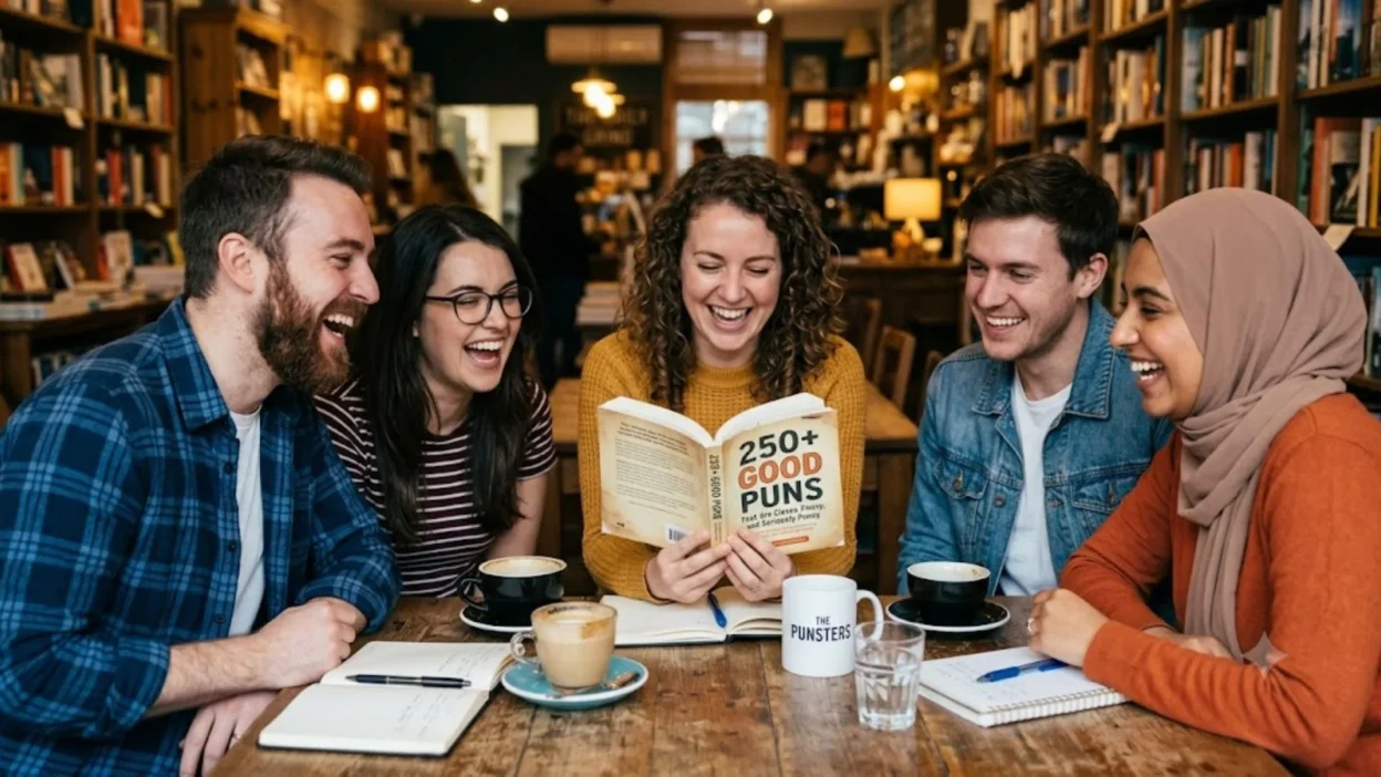 A diverse group of five friends laughing heartily together while reading a book of good puns inside a cozy cafe.