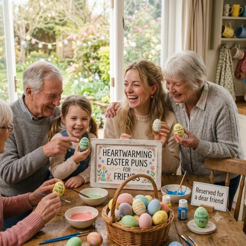 A group of people laughing at a table with painted eggs and a sign about heartwarming Easter puns for friends