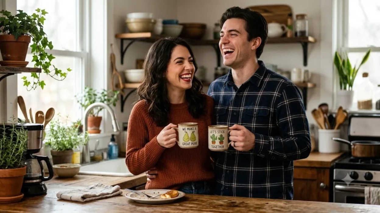 A cheerful couple laughing in a bright kitchen while holding coffee mugs with cute illustrated love puns.