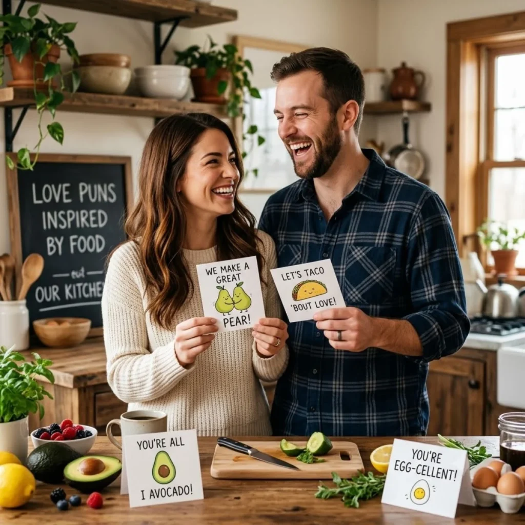 A man and woman laugh in a kitchen while holding illustrated food pun cards that read We make a great pear and Let s taco bout love.