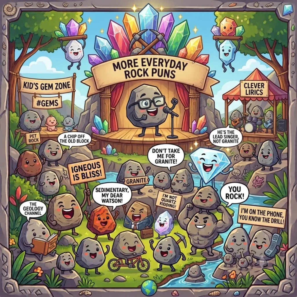 Cute cartoon stones sharing everyday rock puns at an outdoor gem festival.