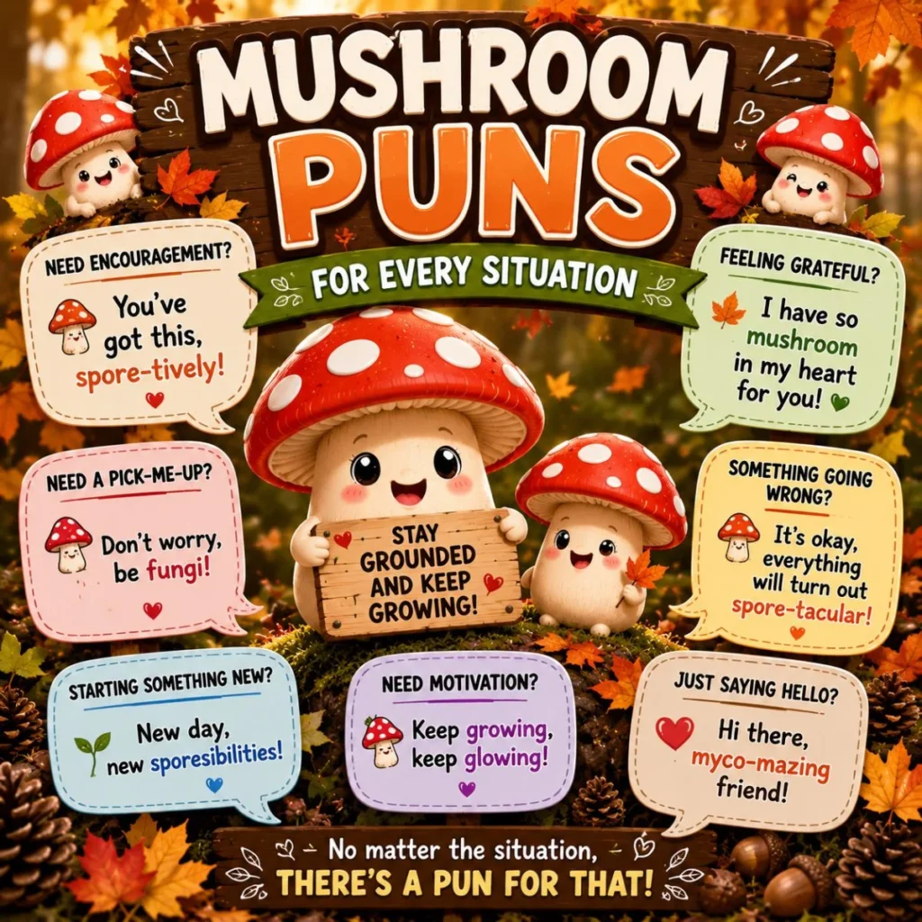 Mushroom puns for every situation illustration with cute cartoon mushrooms and funny speech bubbles in an autumn forest