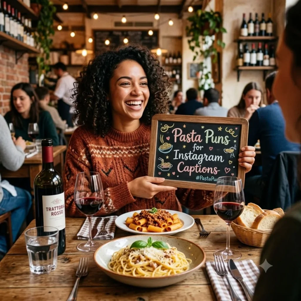 A smiling woman holding a sign for pasta puns for Instagram captions at an Italian restaurant dinner table.
