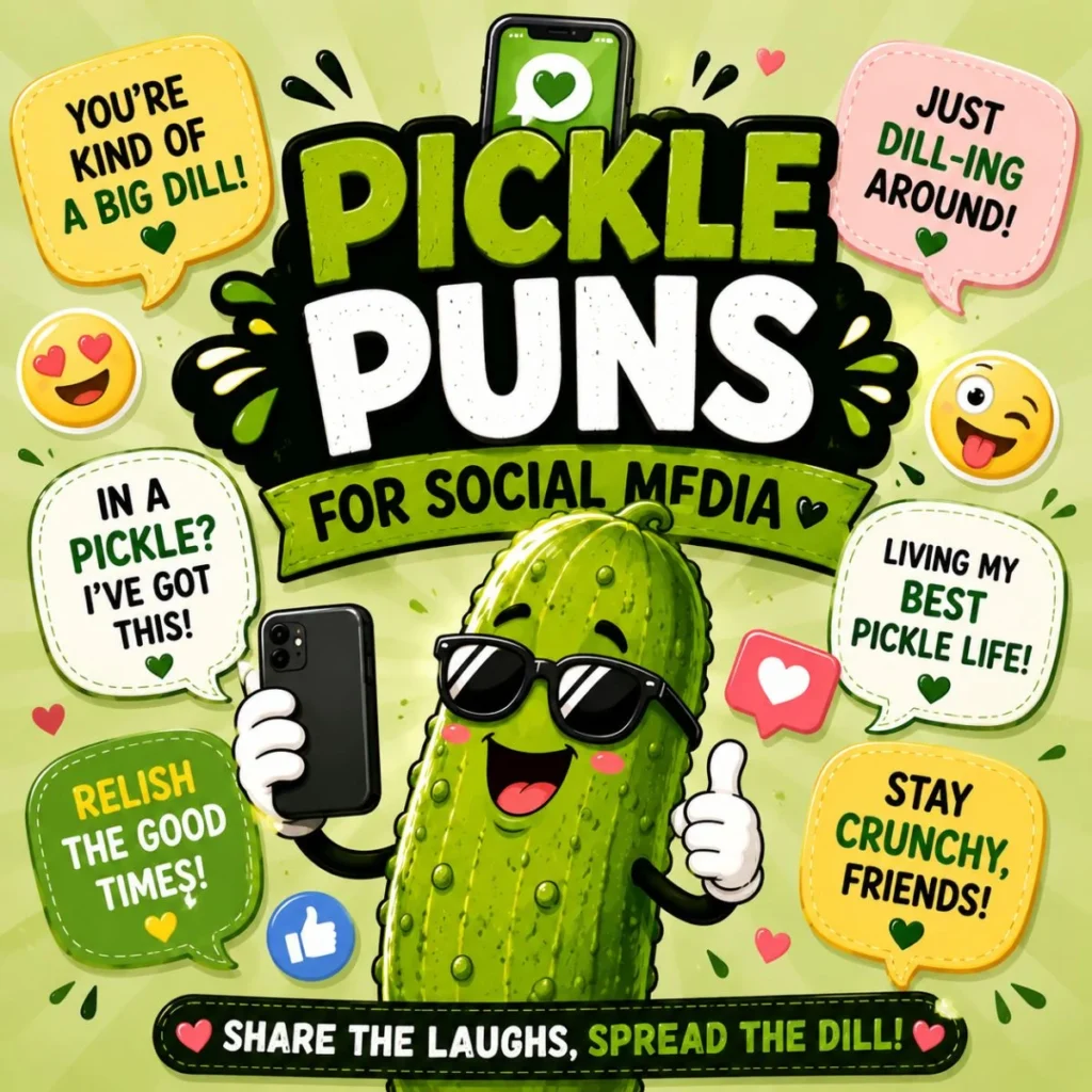 Pickle puns for social media featuring a cartoon pickle taking a selfie with funny caption bubbles