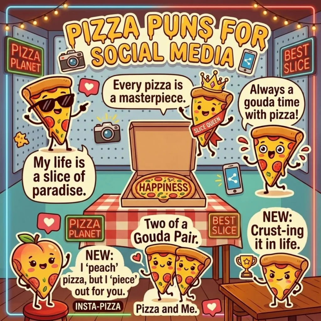 Cute cartoon pizza slices showing clever social media puns in a colorful pizzeria graphic design
