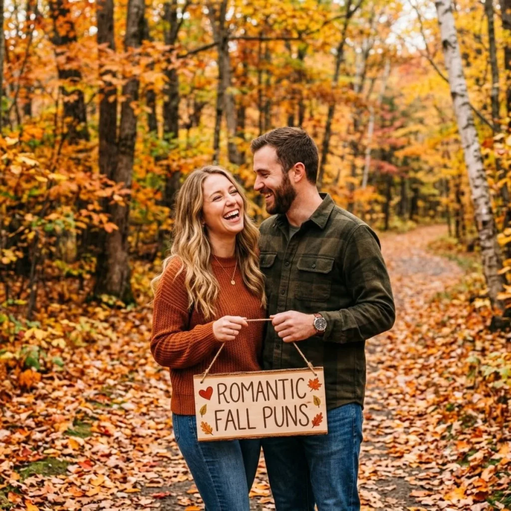 A happy couple laughing together on an autumn trail while holding a wooden sign that says romantic fall puns.