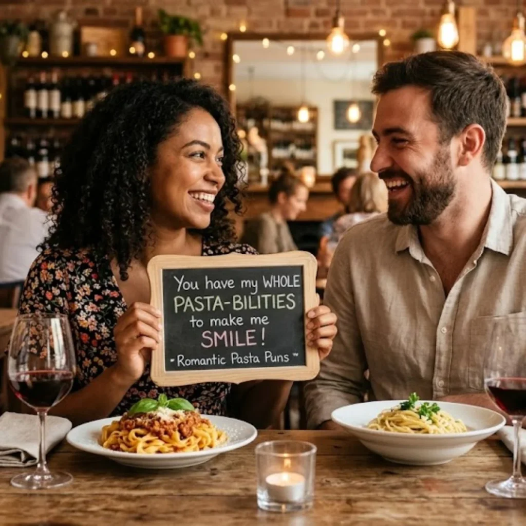 A happy couple at an Italian restaurant holding a romantic pasta puns sign over a candlelit dinner.