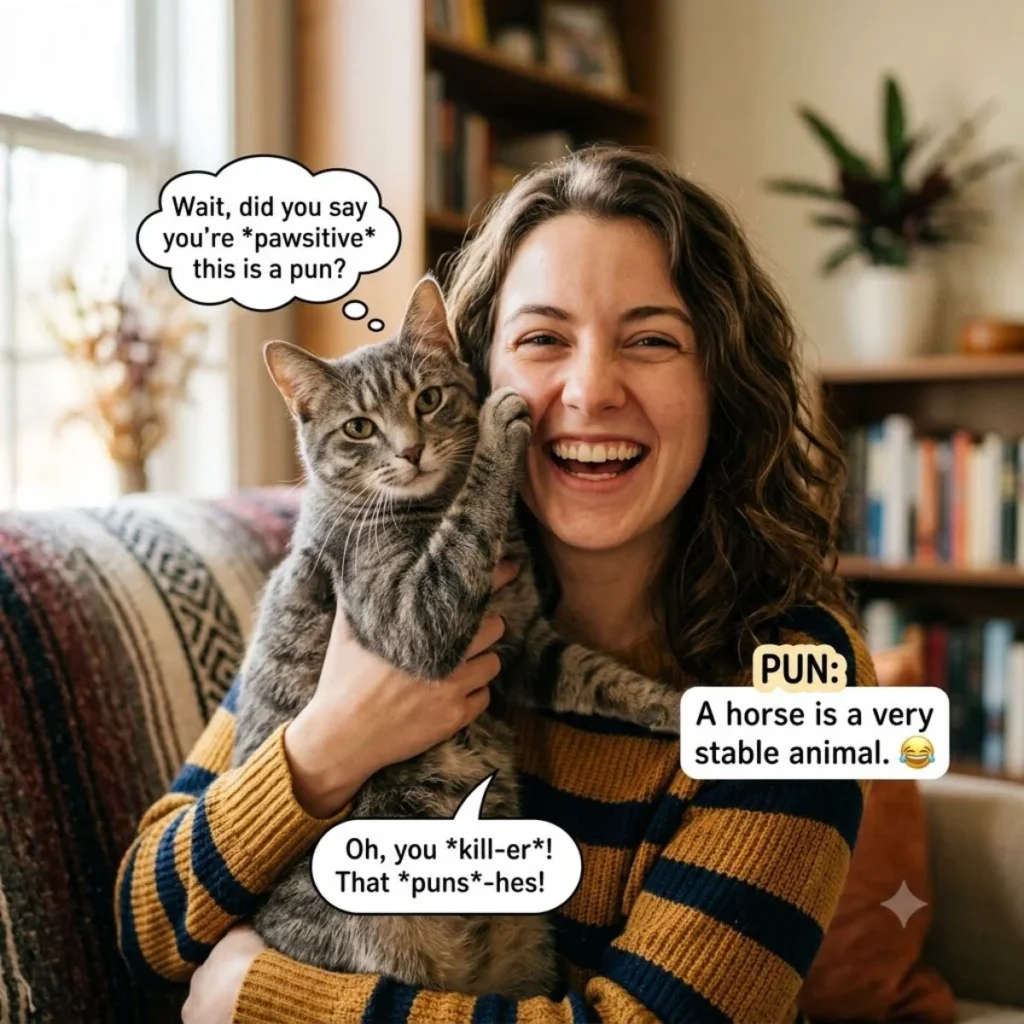 Smiling woman holding a cat with short animal puns displayed in speech bubbles.