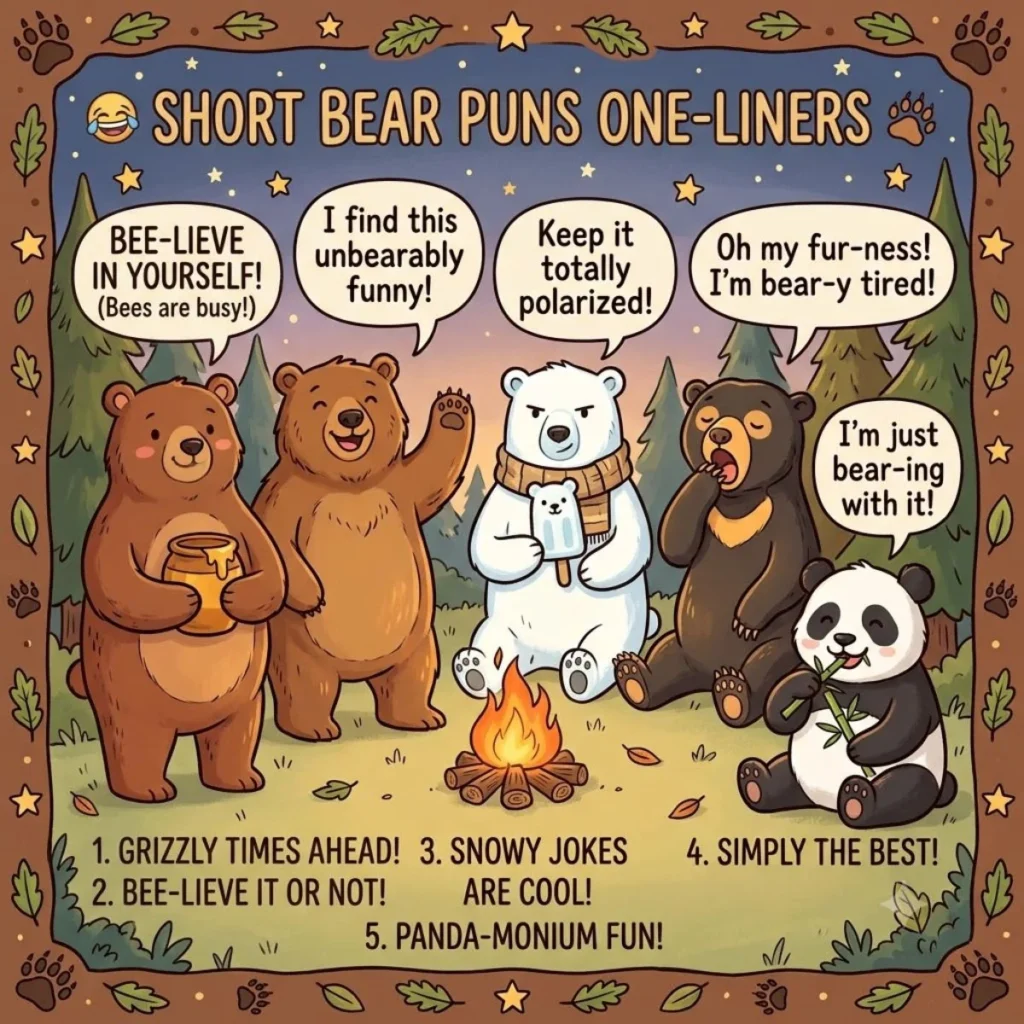 Cute illustrated bears around a campfire sharing funny puns under a starry forest sky.