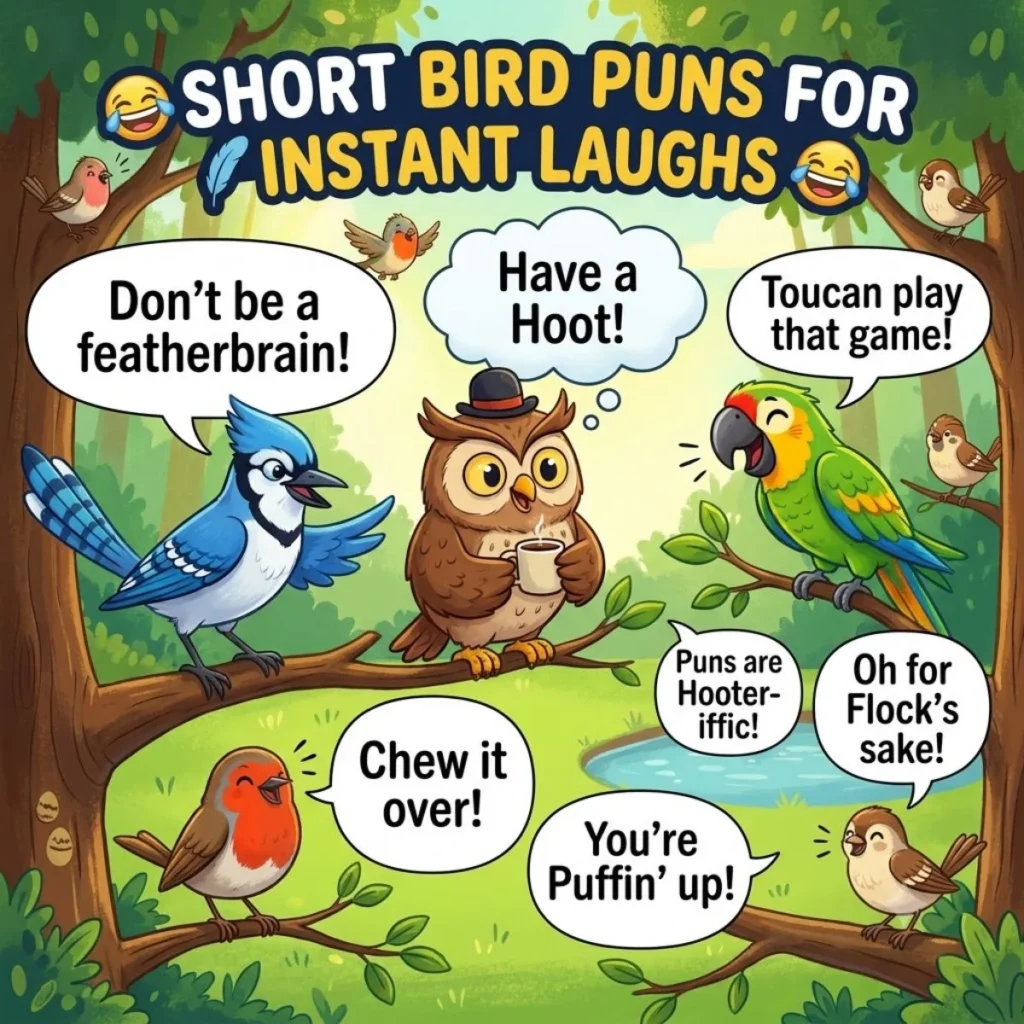 : Cartoon birds in a forest sharing short bird puns like Have a Hoot and Toucan play that gam