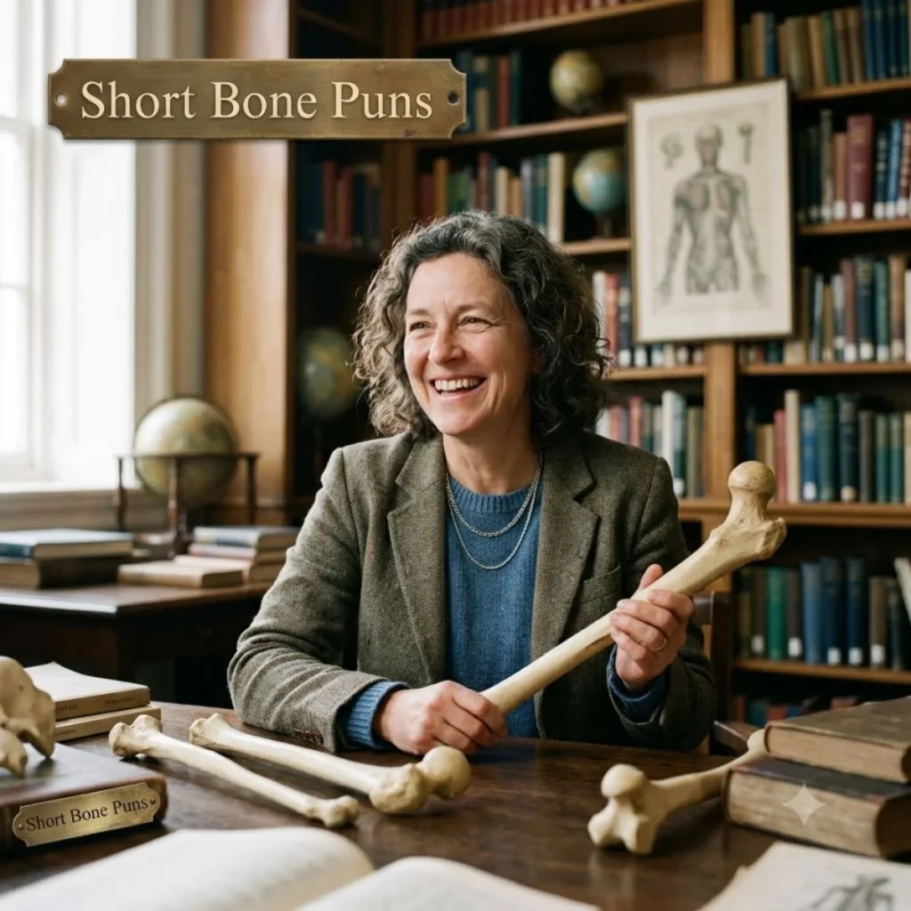 Smiling woman holding a large femur bone at a library desk, ideal for a short bone puns feature.
