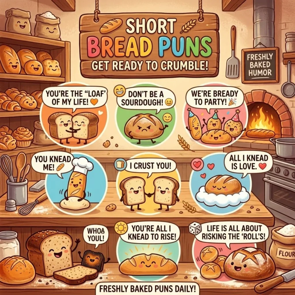 Cute cartoon bread characters sharing short bread puns in a cozy kitchen bakery setting
