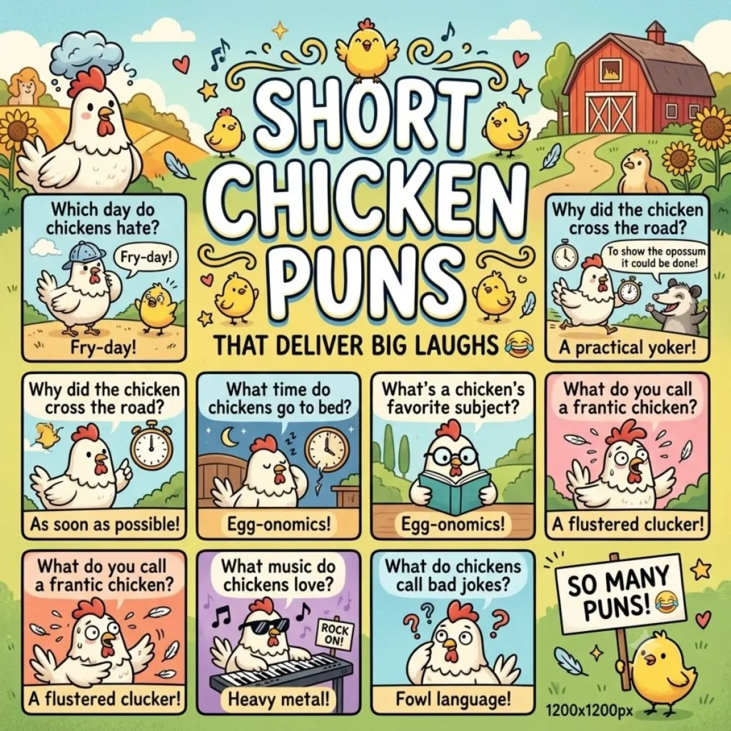 A colorful cartoon grid of nine funny chicken puns, jokes, and riddles with adorable chicken characters.