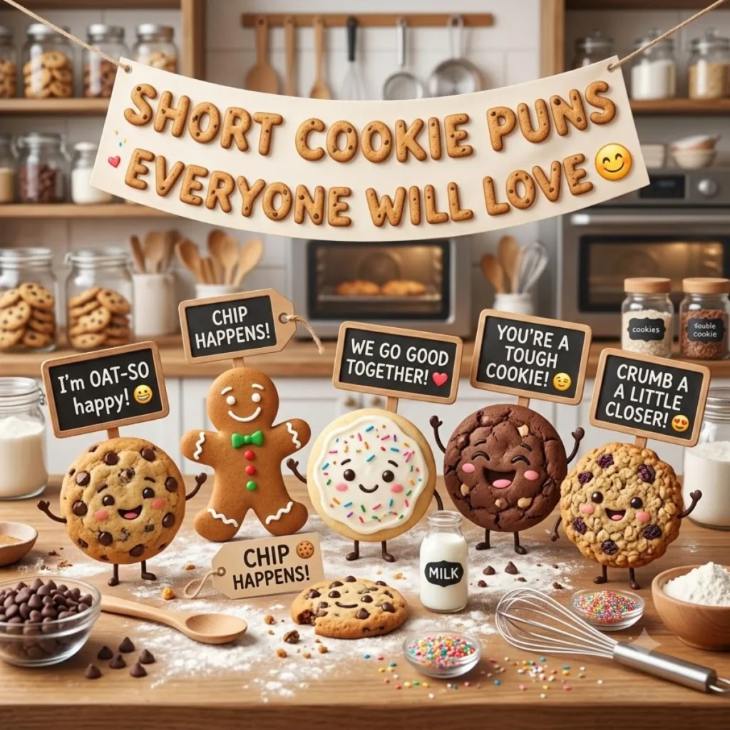 Cute cartoon cookies standing together with tiny pun signs on a wooden kitchen counter