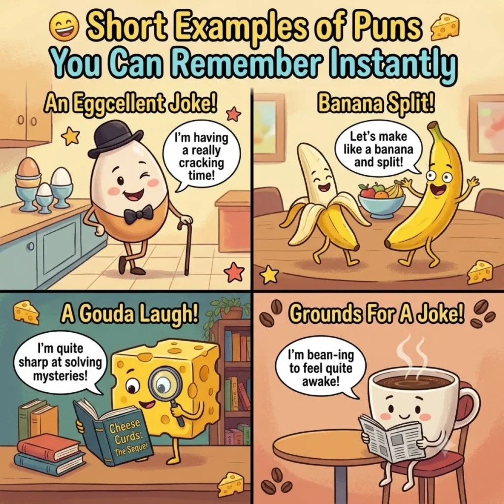 Four playful cartoon panels showing funny food puns that are easy to remember.