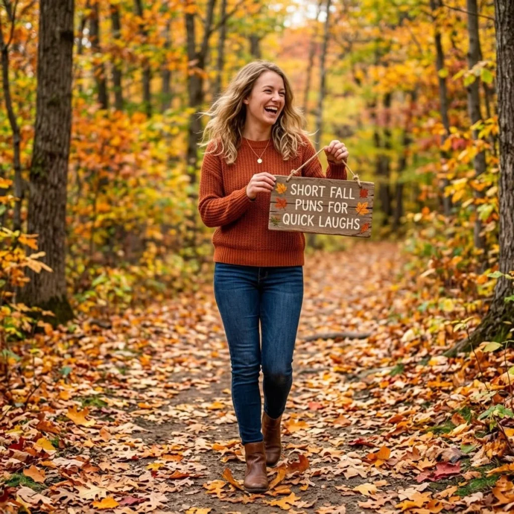 A woman laughing while walking on a path covered in leaves and holding a wooden sign about short fall puns.