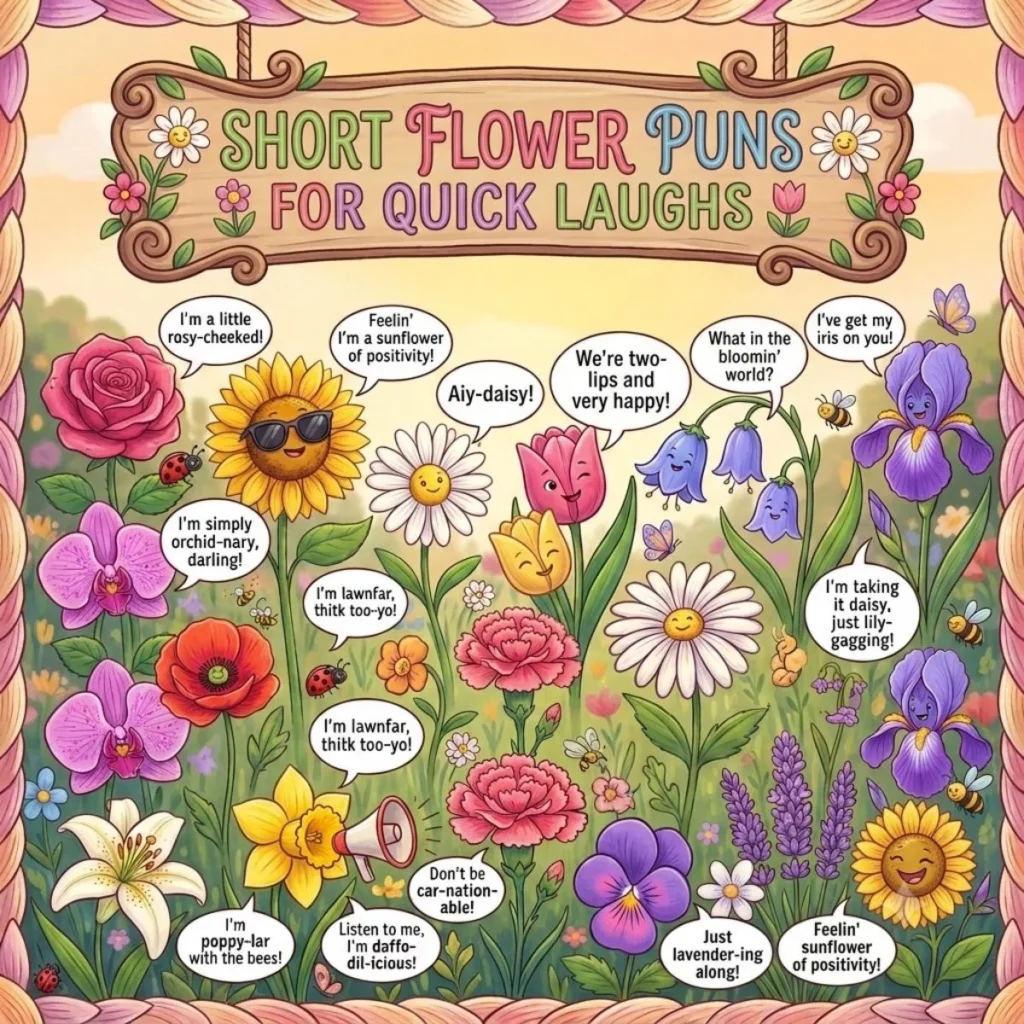 Cute cartoon flowers with smiling faces sharing witty puns in speech bubbles within a vibrant garden setting
