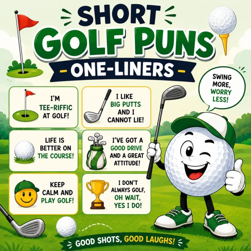 Short golf puns one-liners poster with a smiling golf ball mascot, golf clubs, funny quotes, and a bright golf course.