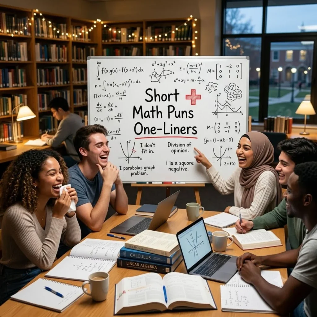 Diverse college students laughing around a library table next to a whiteboard displaying Short Math Puns One-Liners.