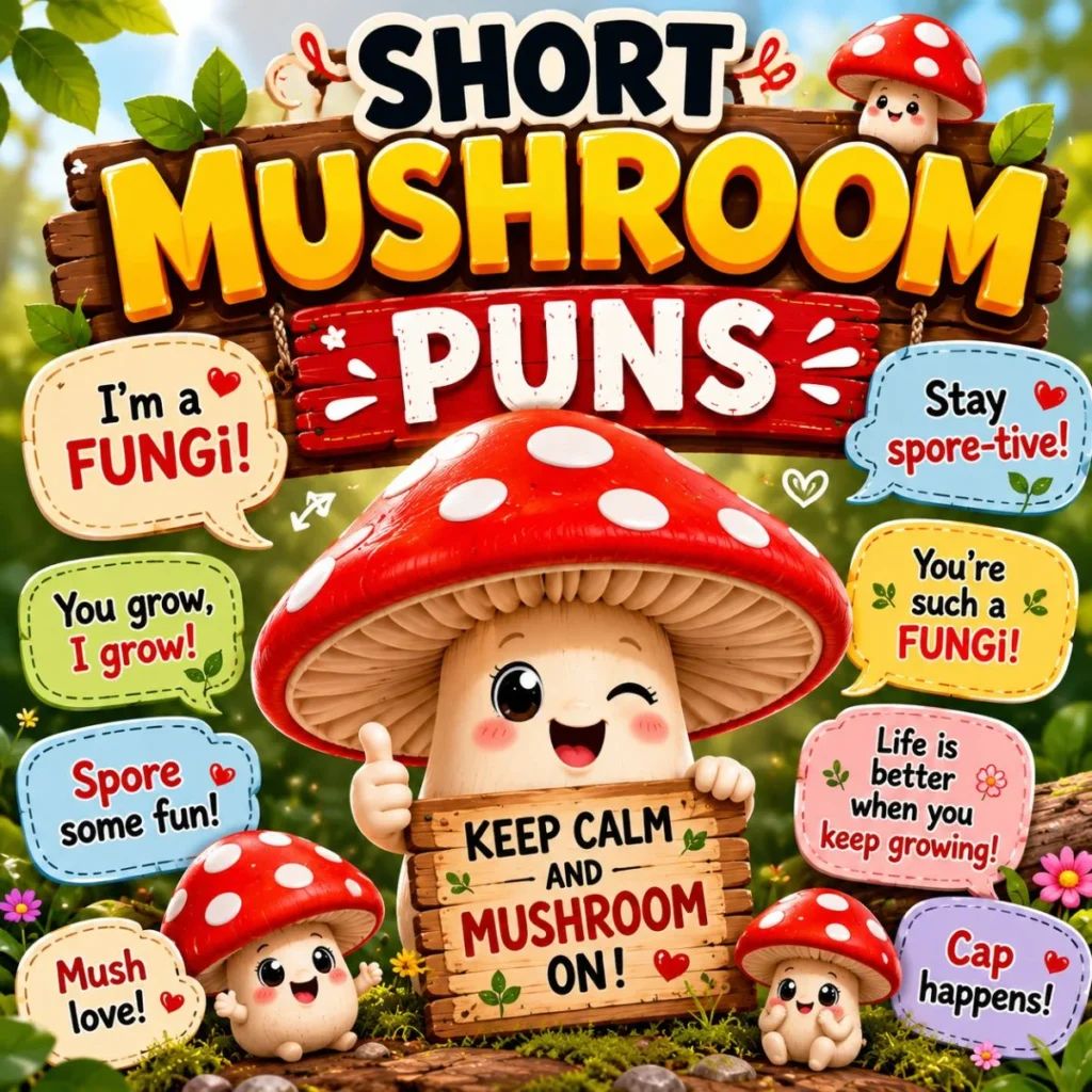 Short mushroom puns illustration with cute cartoon mushrooms, funny speech bubbles, and colorful woodland design