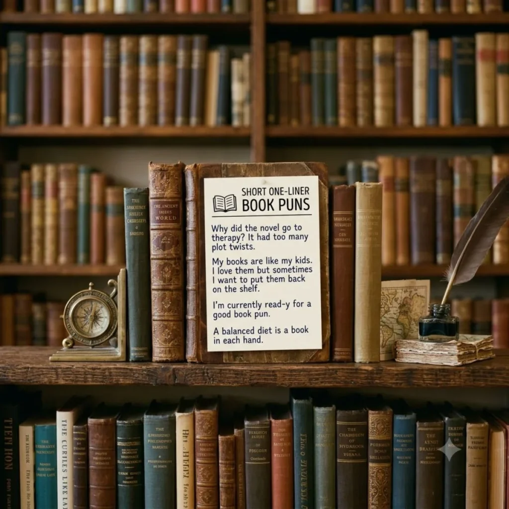 Short one liner book puns printed on a page pinned to vintage books on a library shelf.