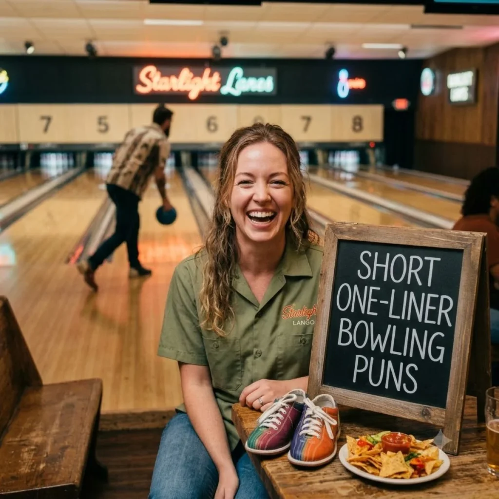 A woman laughing at a table inside a bowling alley next to a chalkboard sign that reads Short One-Liner Bowling Puns