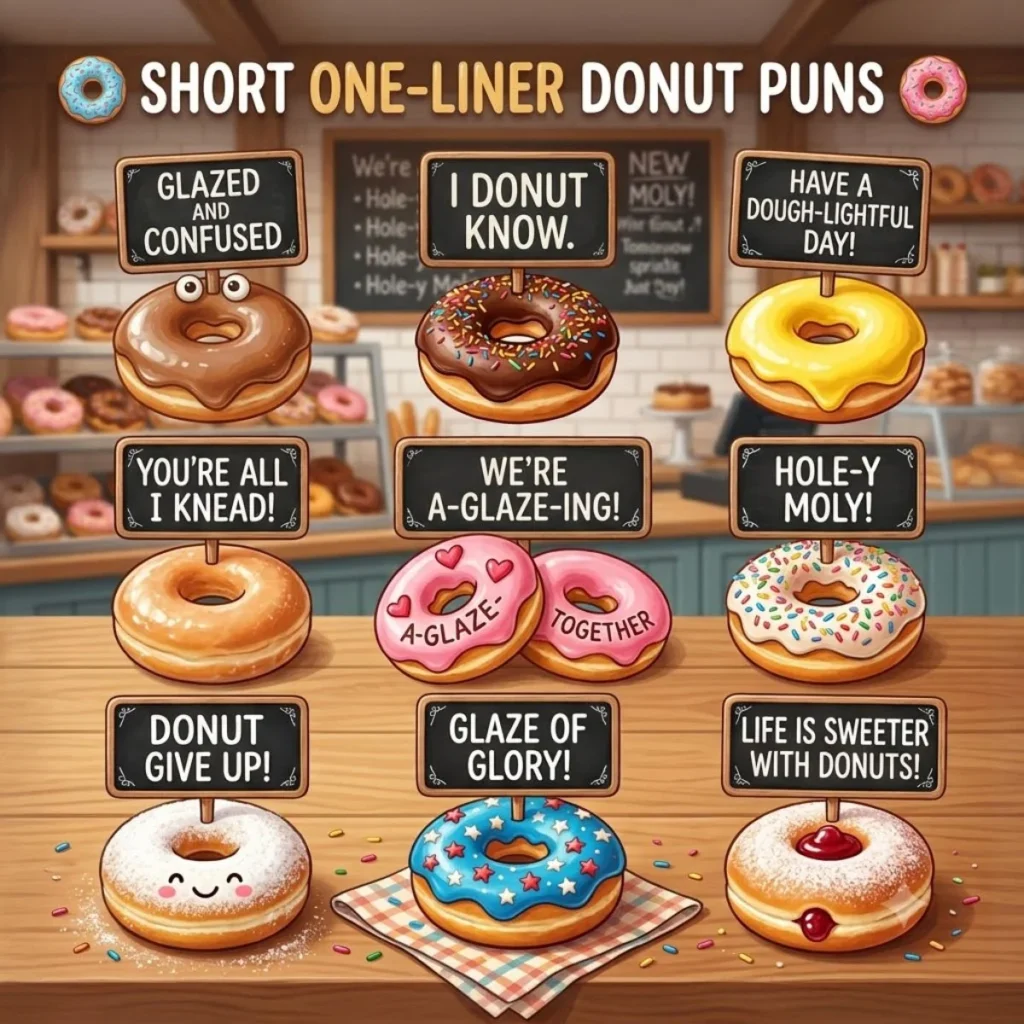 Assorted decorated donuts with short clever pun signs on a wooden counter.