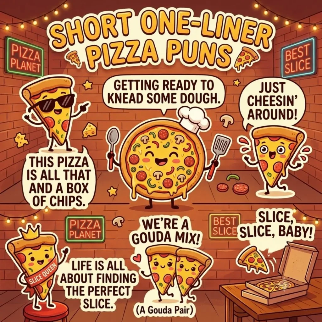 Cute cartoon pizza slices showing funny short one liner puns on a brick background