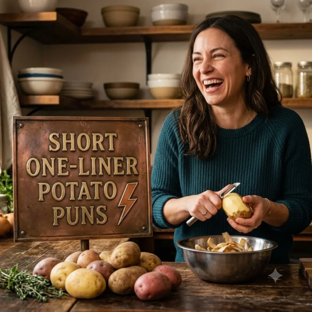 Woman laughing while peeling a potato next to a copper sign that reads short one liner potato puns.