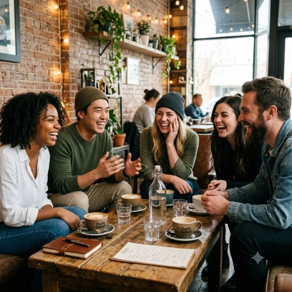 A diverse group of friends enjoying short one-liner puns examples together over coffee at a rustic cafe.
