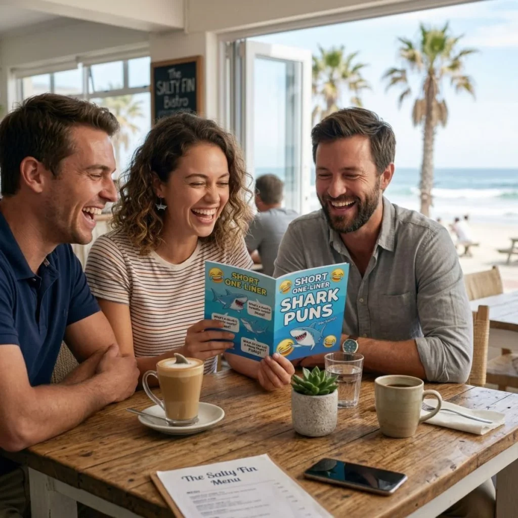 : Three happy friends laughing together around a wooden table at a beachside cafe while holding a shark puns brochure.