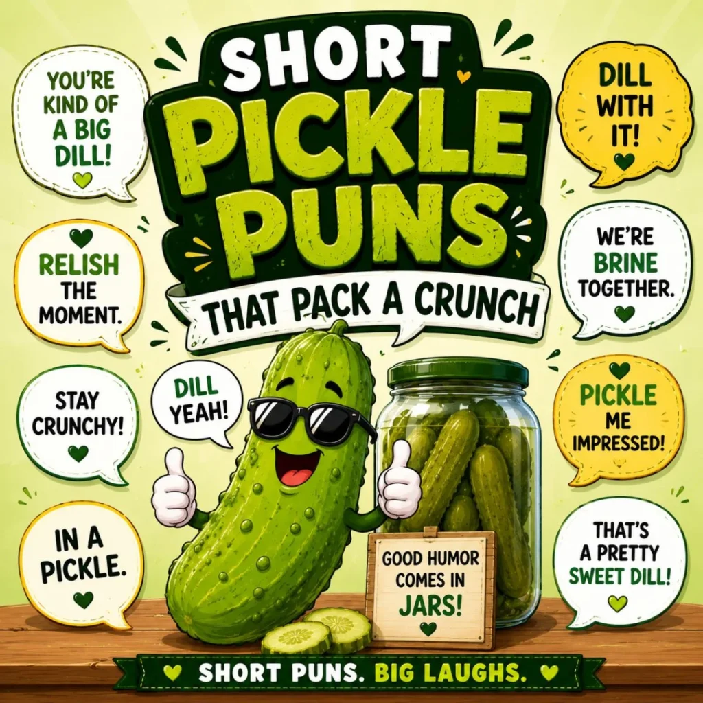 Short pickle puns illustration with a smiling cartoon pickle, funny speech bubbles, and a jar of crunchy pickles