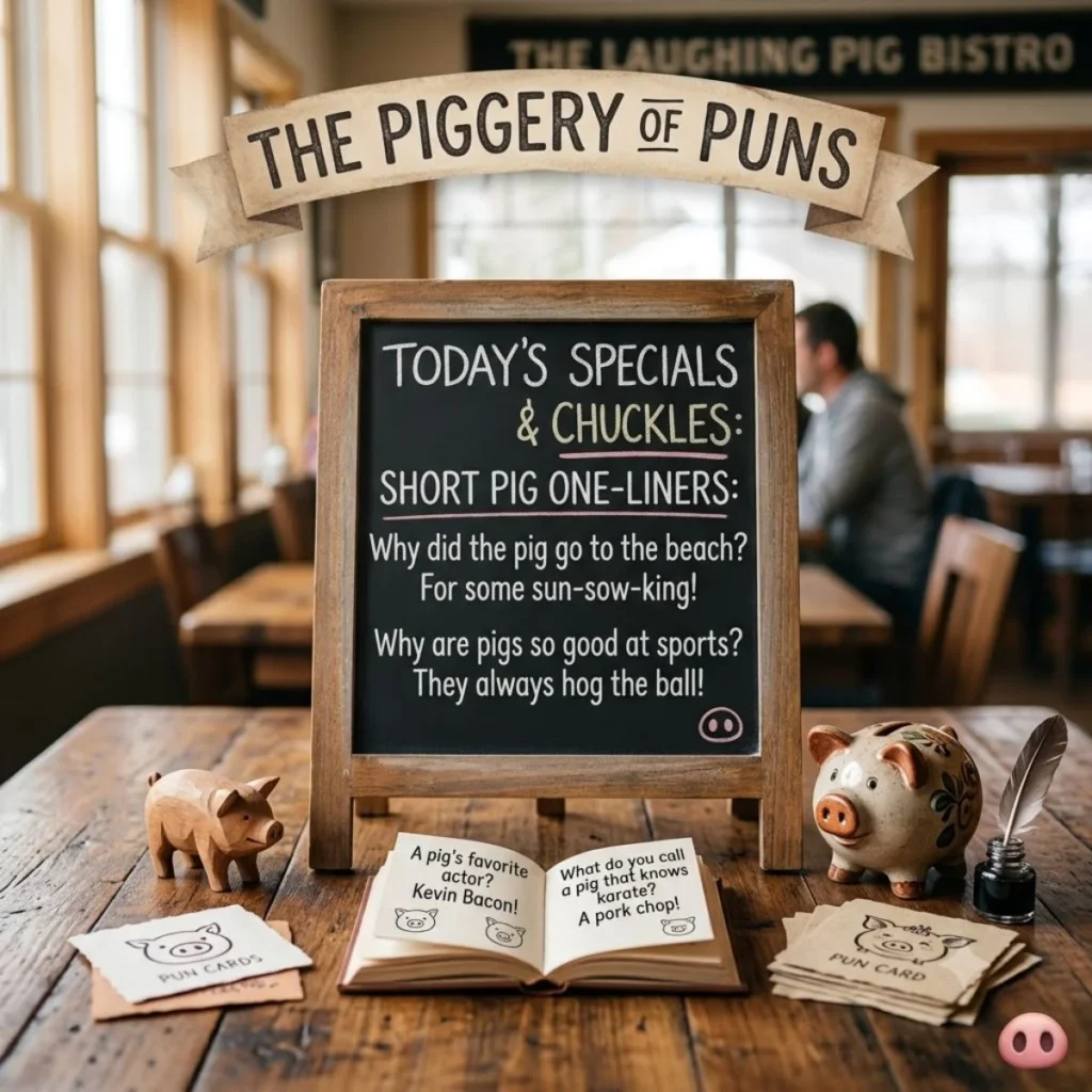 A chalkboard on a wooden table displaying funny pig one-liners next to a small joke book and piggy bank.