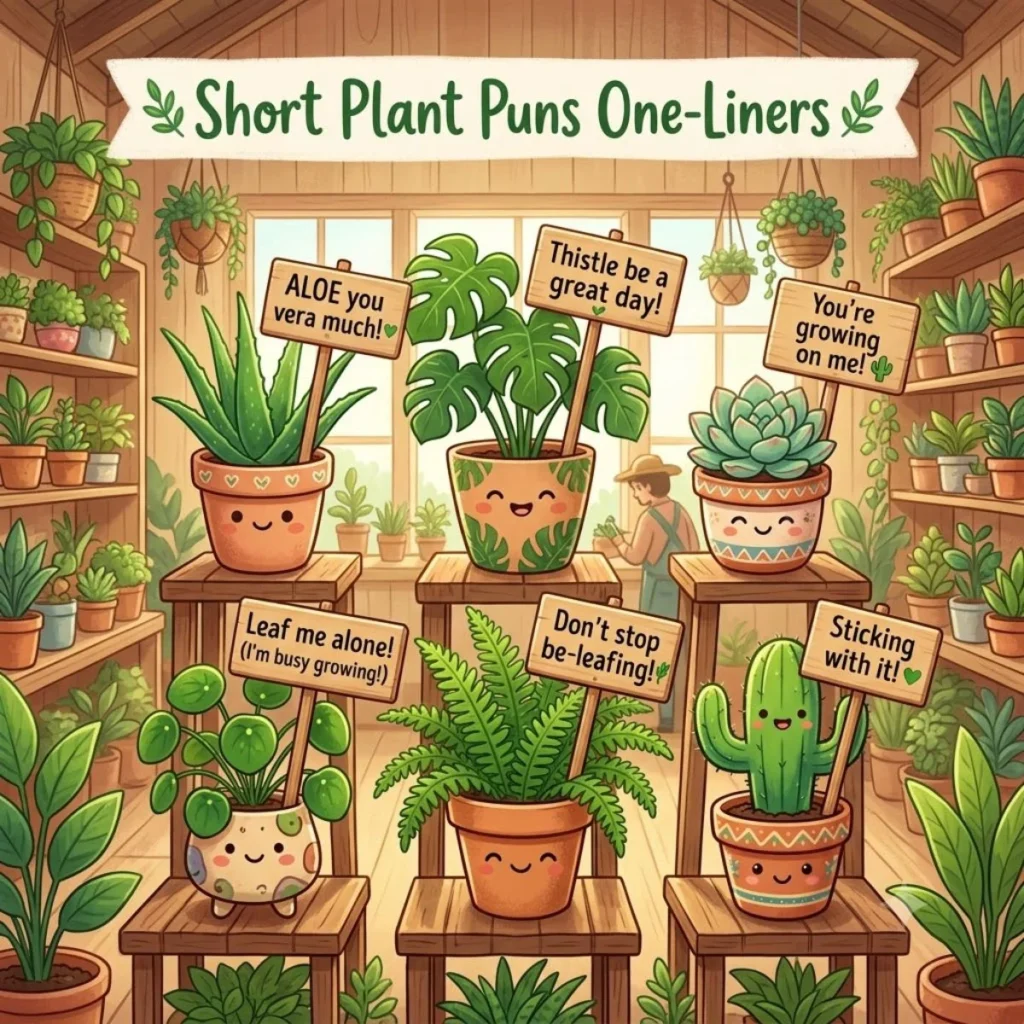 Smiling cartoon potted plants with funny one liner pun signs on wooden stands in a plant nursery