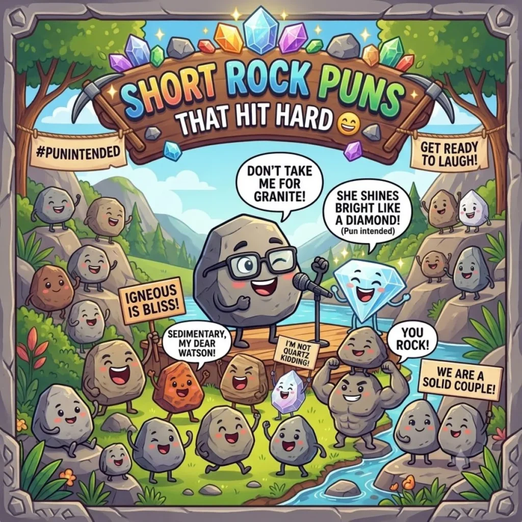 Cute cartoon rocks telling short jokes in a colorful landscape.