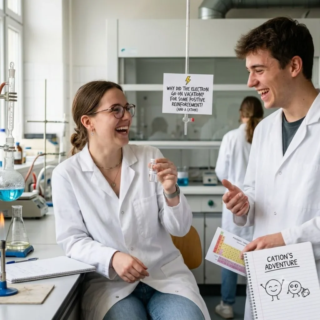 Two young scientists laughing in a laboratory while holding a small vial and a cartoon science notebook.