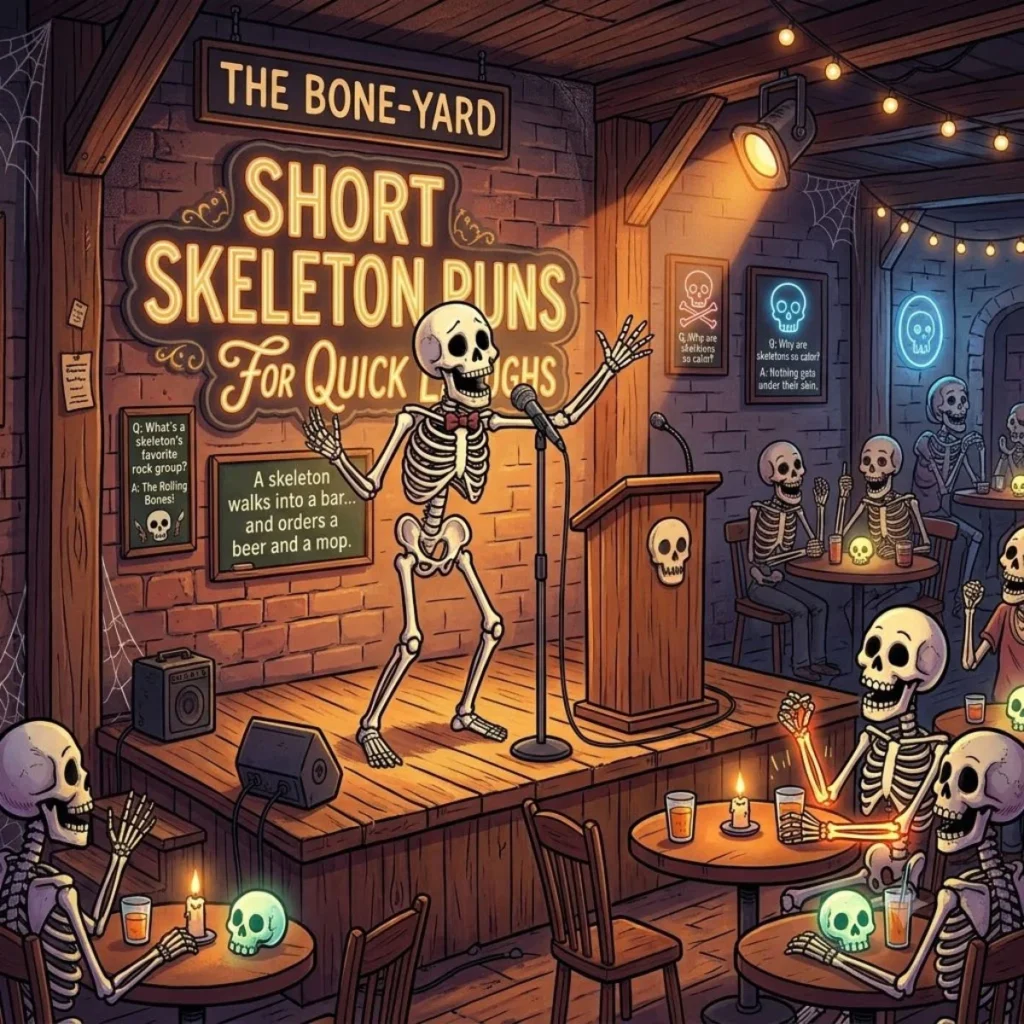 A cartoon skeleton comedian delivering short puns on stage to a laughing crowd at a skeleton comedy club.