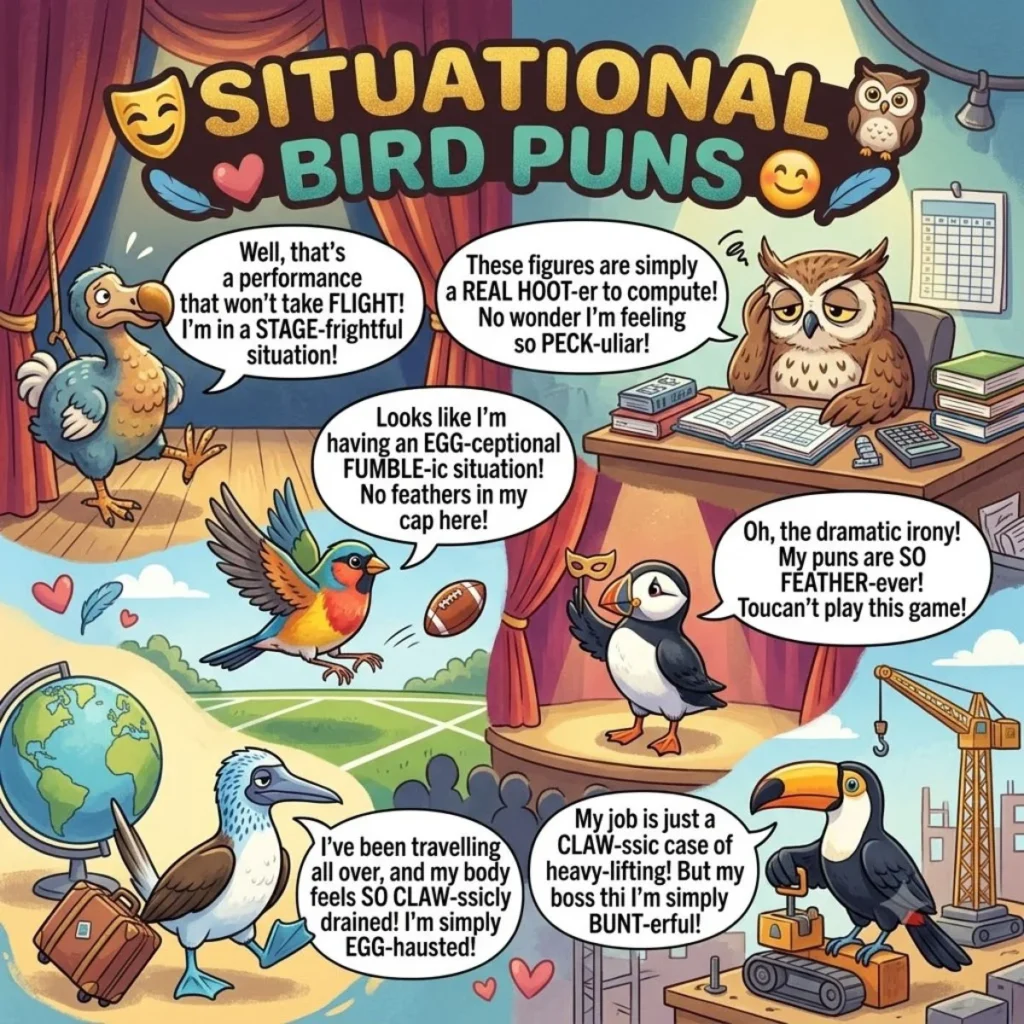 Four-panel cartoon of funny situational bird puns featuring an owl lawyer, builder robin, artist chick, and business wren.