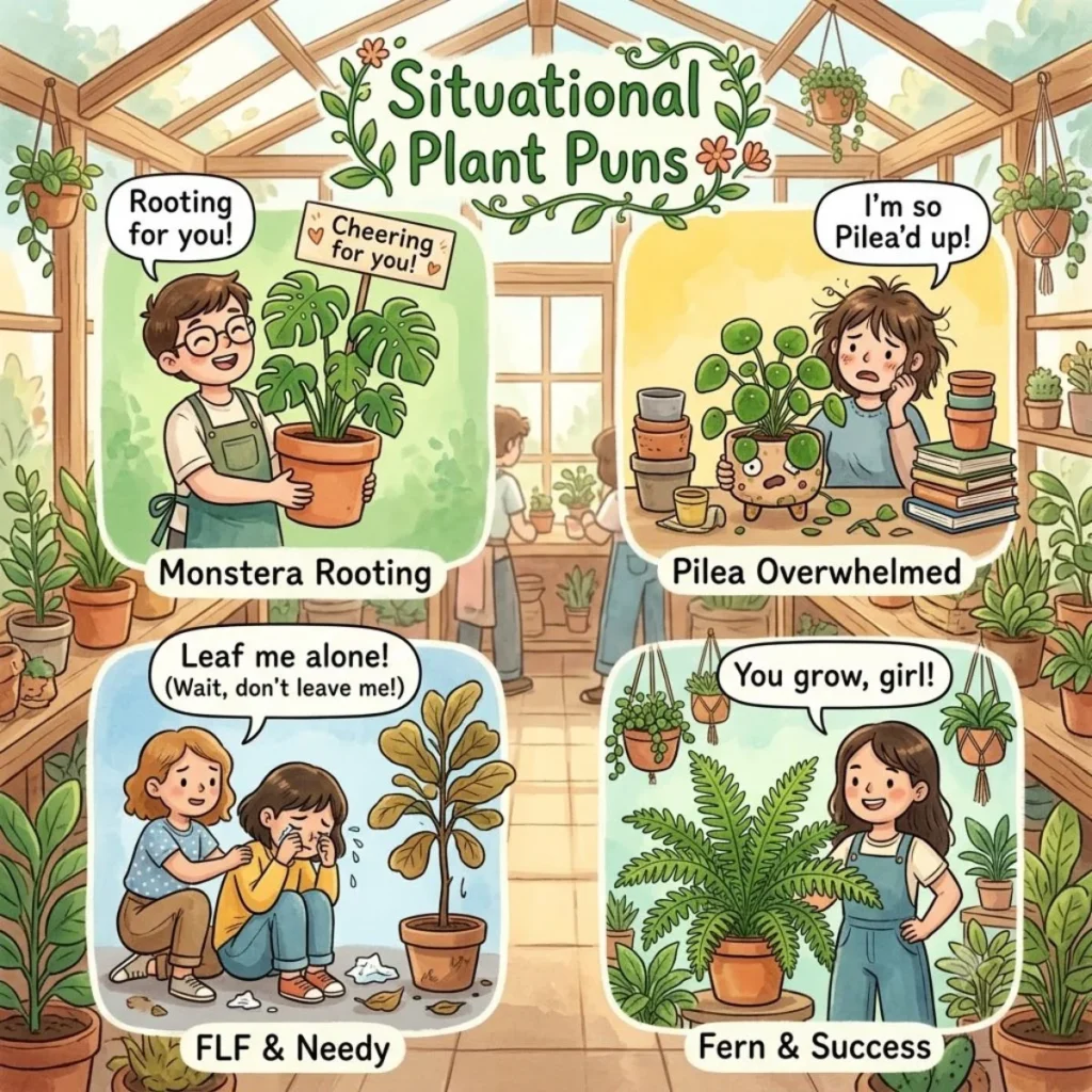 Four cartoon comic panels showing situational plant puns with people and potted plants inside a greenhouse