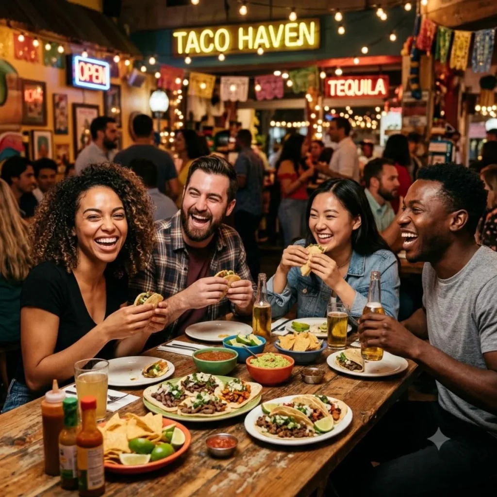 Four diverse friends laughing joyfully while eating tacos and drinking beer at a lively Taco Haven restaurant