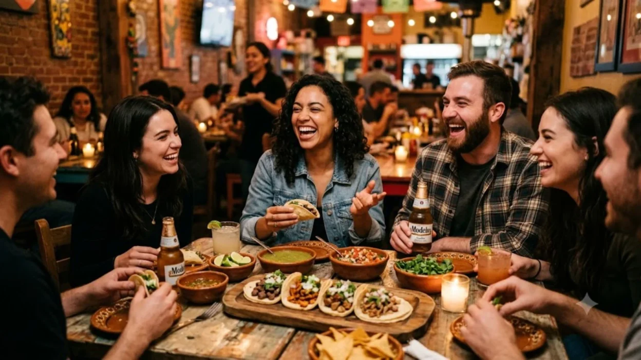 A group of diverse friends laughing joyfully over fresh tacos and drinks at a vibrant Mexican restaurant table