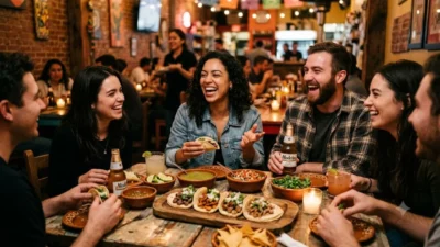 A group of diverse friends laughing joyfully over fresh tacos and drinks at a vibrant Mexican restaurant table