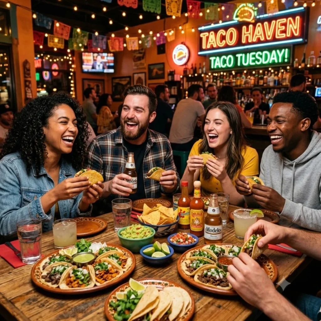 Happy friends laughing over fresh street tacos and drinks at a festive Taco Tuesday restaurant table