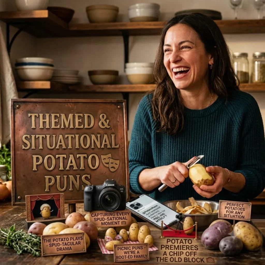 A woman laughing in a kitchen next to a copper sign reading themed and situational potato puns.